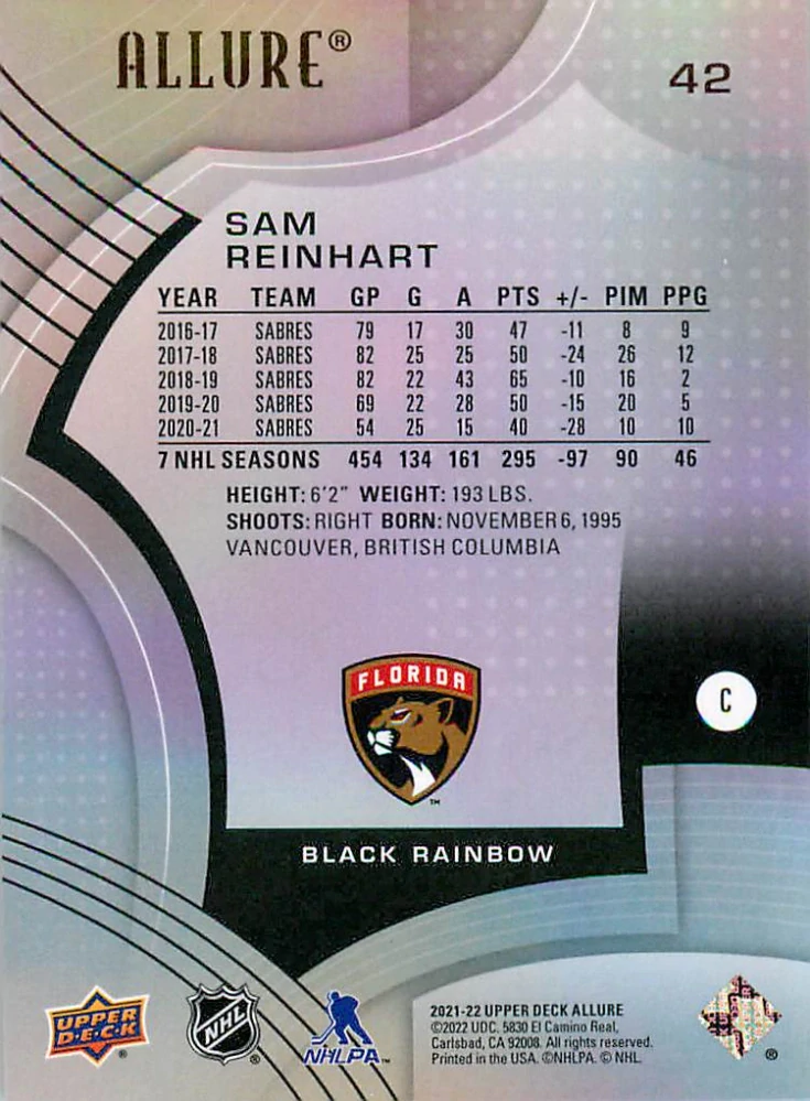 2021-22 UD Allure - Sam Reinhart - Black Rainbow #42