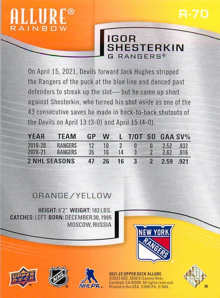2021-22 UD Allure - Igor Shesterkin - Rainbow Orange/Yellow #R-70