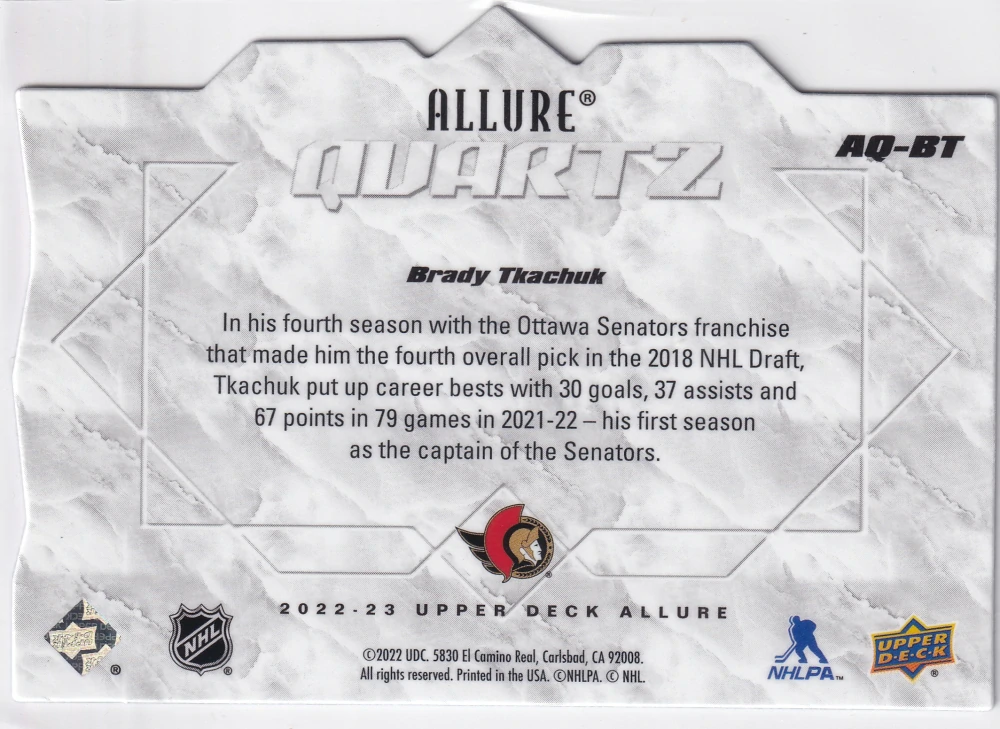 2022-23 UD Allure - Brady Tkachuk - Quartz #AQ-BT