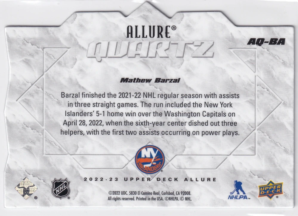 2022-23 UD Allure - Mathew Barzal - Quartz #AQ-BA