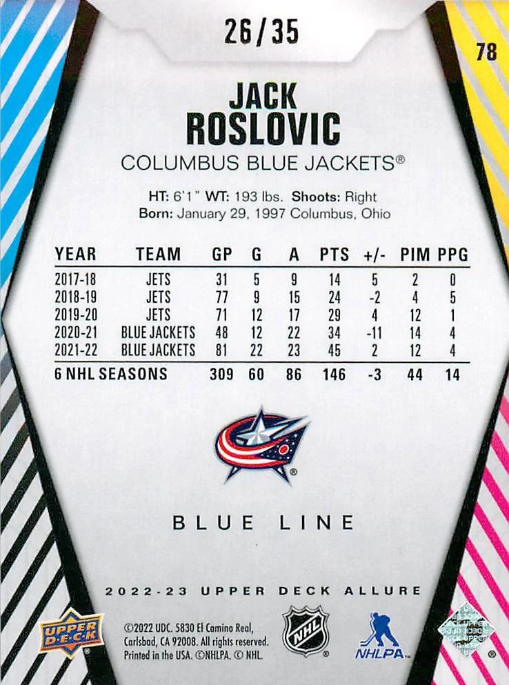 2022-23 UD Allure - Jack Roslovic - Blue Line /35 #78