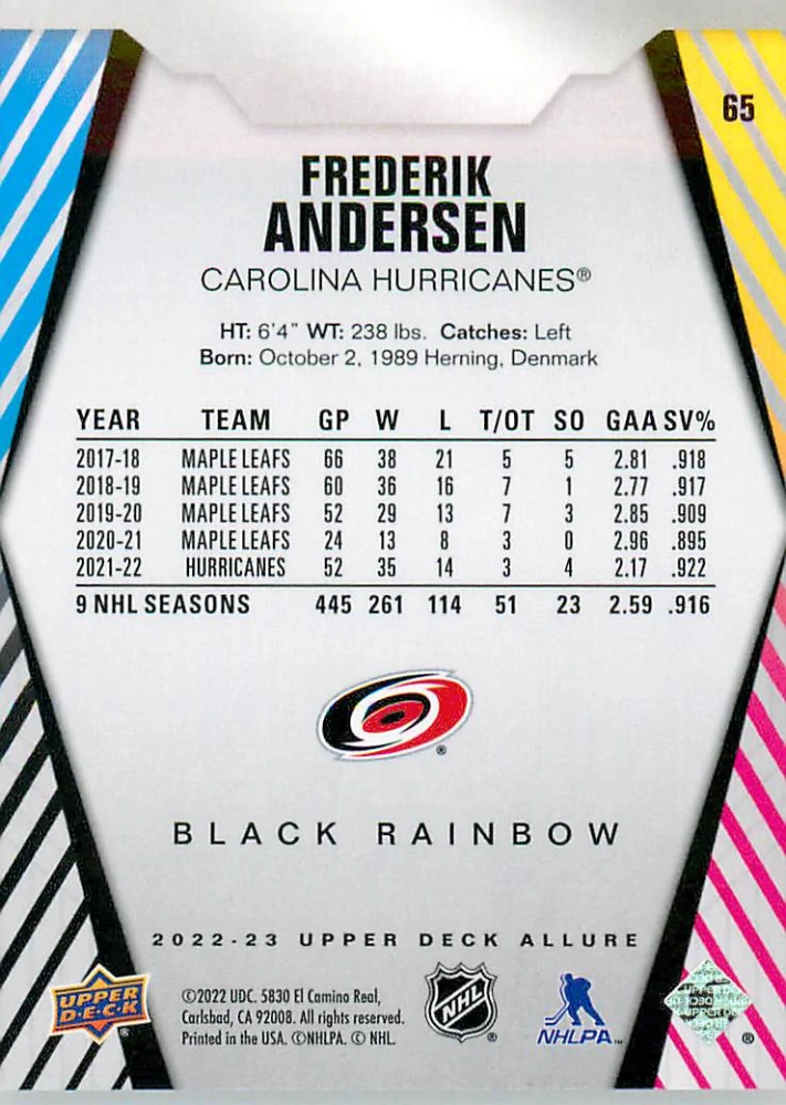 2022-23 UD Allure - Frederik Andersen - Black Rainbow #65