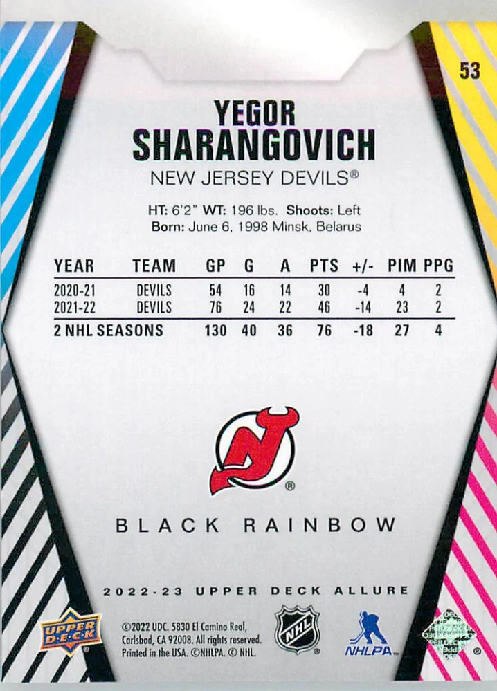 2022-23 UD Allure - Yegor Sharangovich - Black Rainbow #53