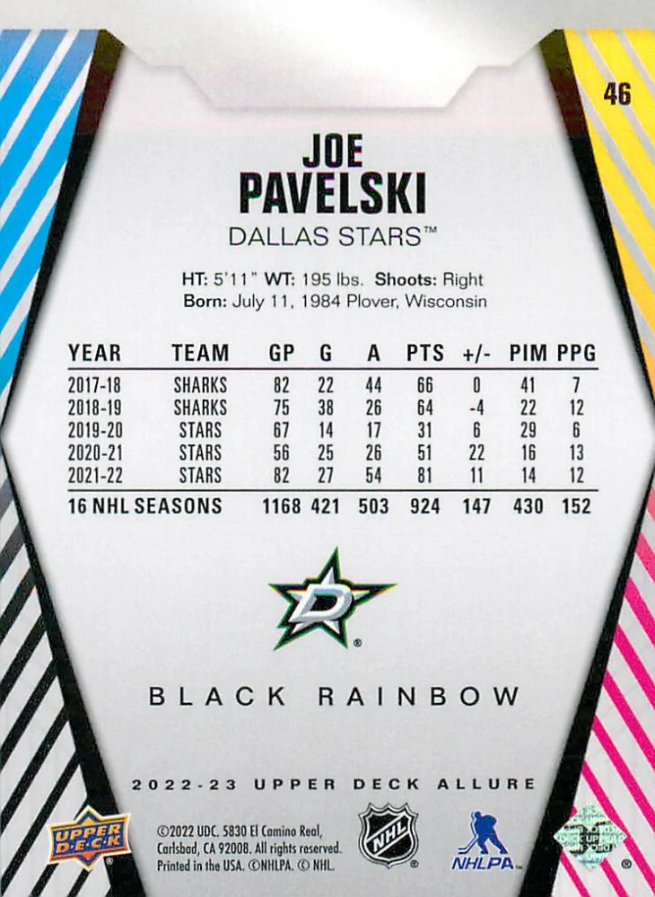 2022-23 UD Allure - Joe Pavelski - Black Rainbow #46