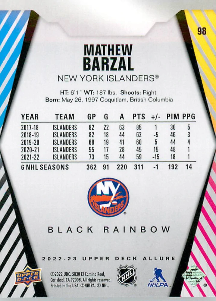 2022-23 UD Allure - Mathew Barzal - Black Rainbow #98