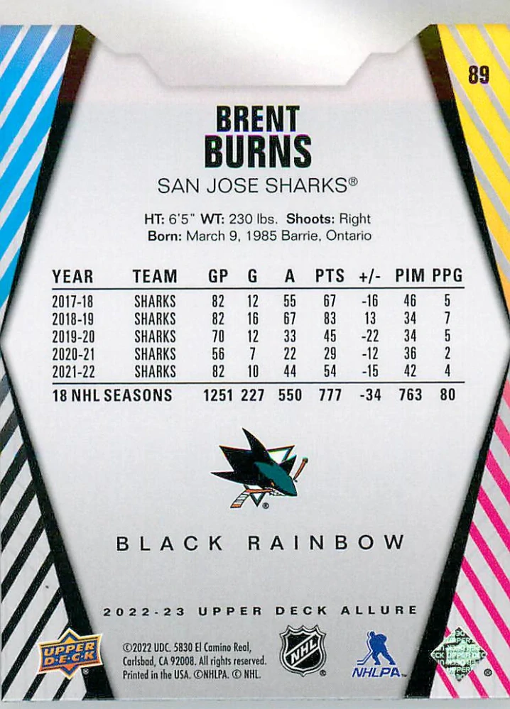 2022-23 UD Allure - Brent Burns - Black Rainbow #89