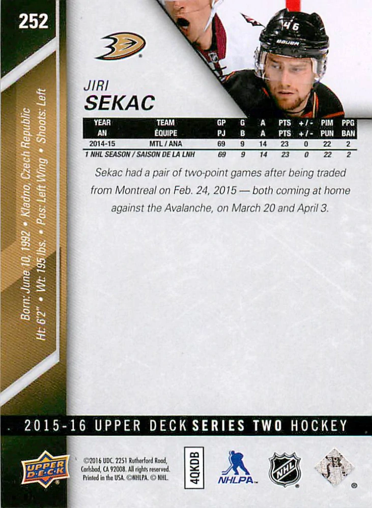 2015-16 UD Series 2 - Jiří Sekáč #252