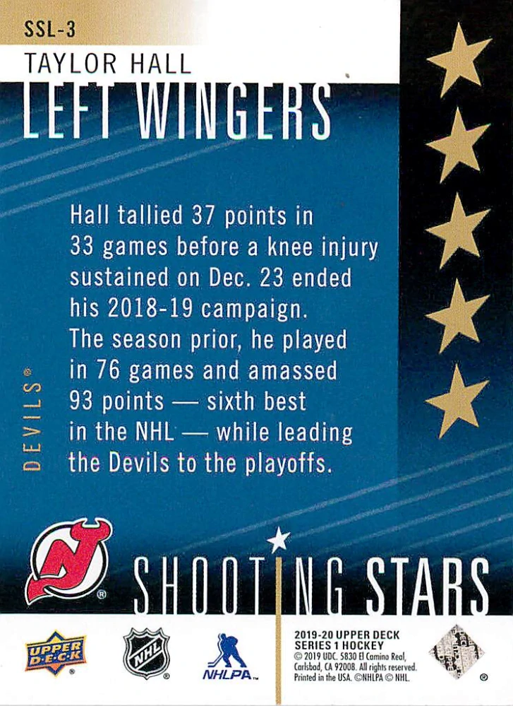 2019-20 UD Series 1 - Taylor Hall - Shooting Stars Left Wingers #SSL-3
