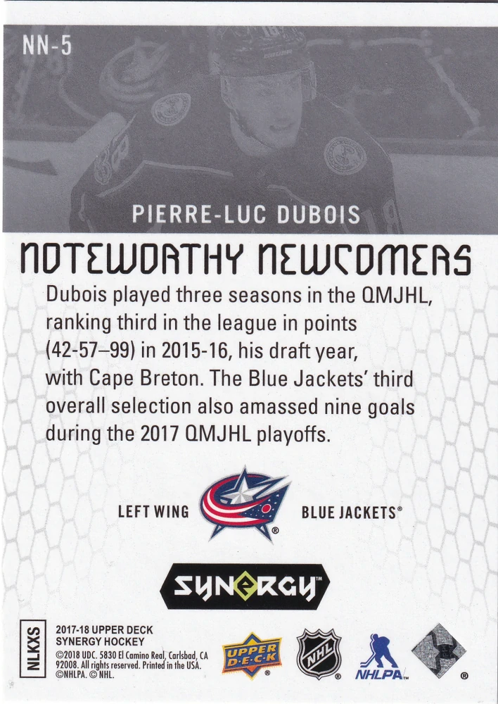 2017-18 UD Synergy - Pierre-Luc Dubois - Noteworthy Newcomers #NN-5