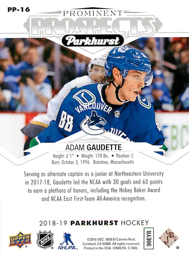 2018-19 UD Parkhurst - Adam Gaudette - Prominent Prospects #PP-16