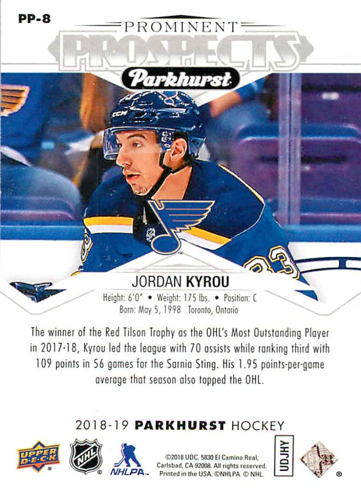 2018-19 UD Parkhurst - Jordan Kyrou - Prominent Prospects #PP-8
