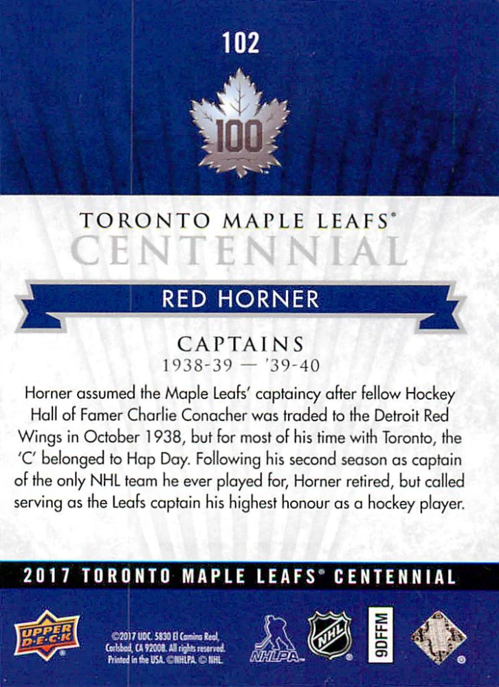2017 UD Toronto Maple Leafs Centennial - Red Horner - Captains #102