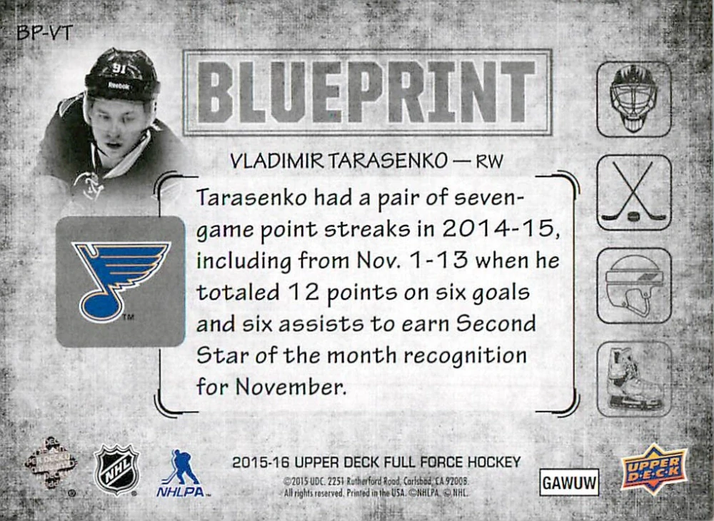 2015-16 UD Full Force - Vladimir Tarasenko - Blueprint #BP-VT