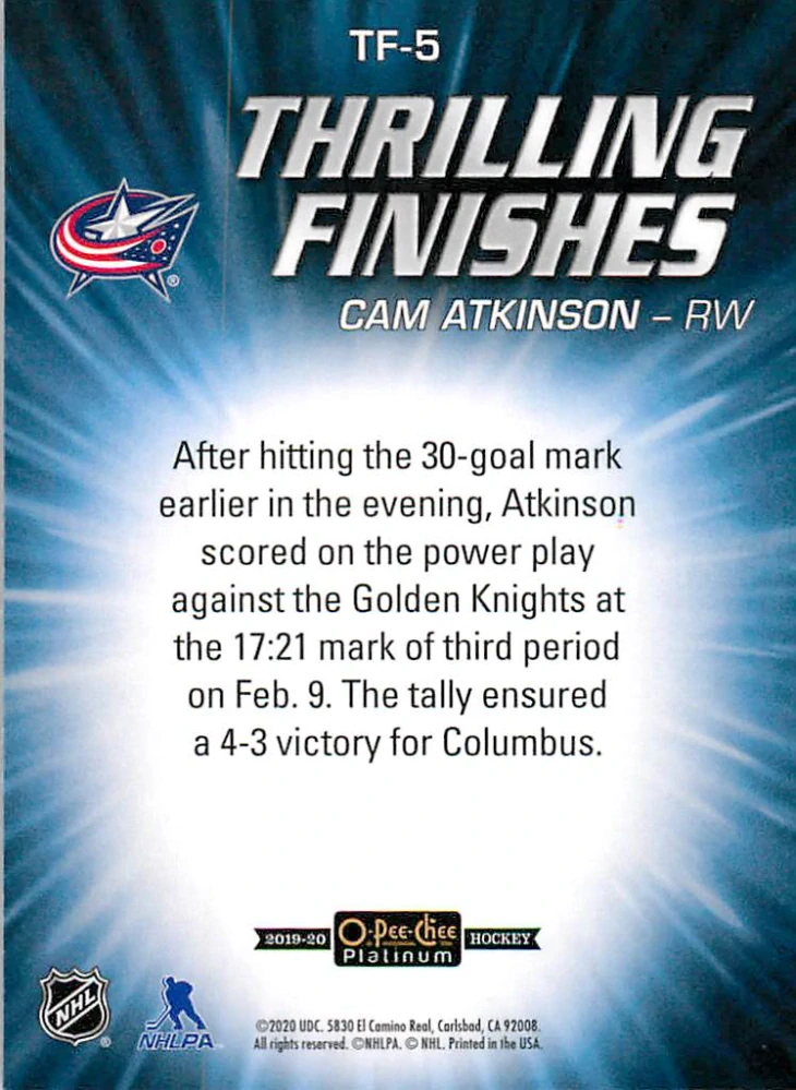 2019-20 UD O-Pee-Chee Platinum - Cam Atkinson - Thrilling Finishes #TF-5