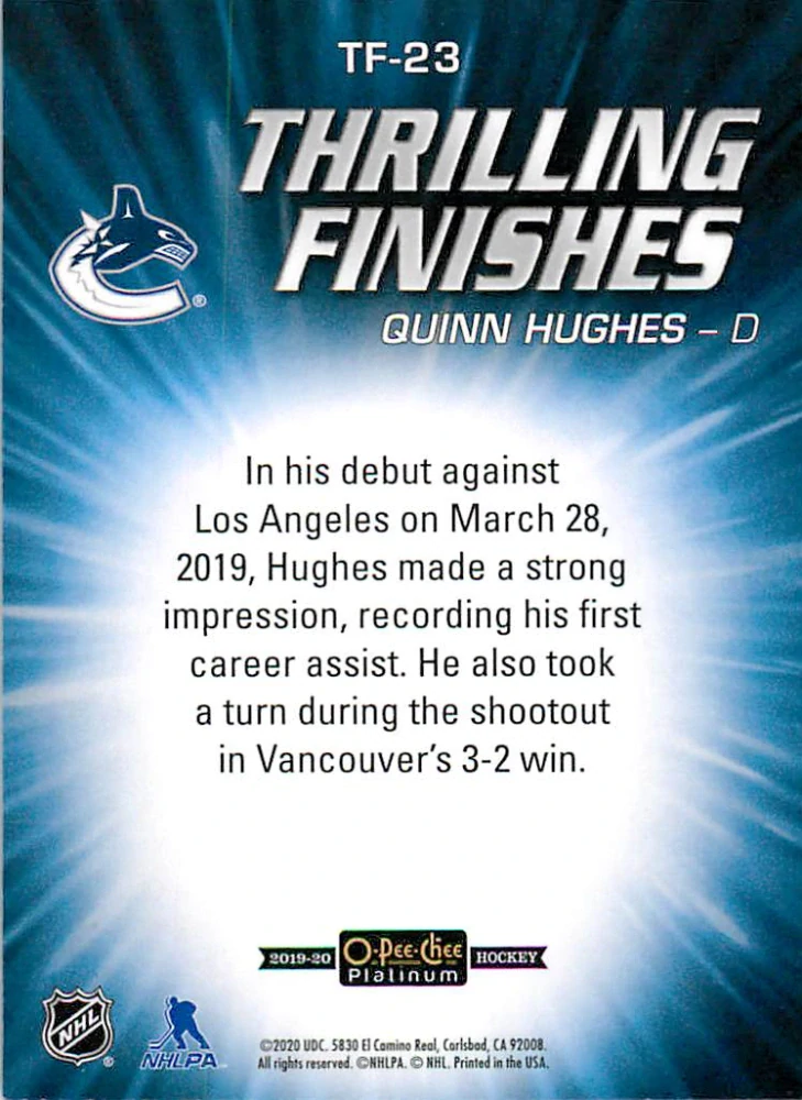 2019-20 UD O-Pee-Chee Platinum - Quinn Hughes - Thrilling Finishes #TF-23