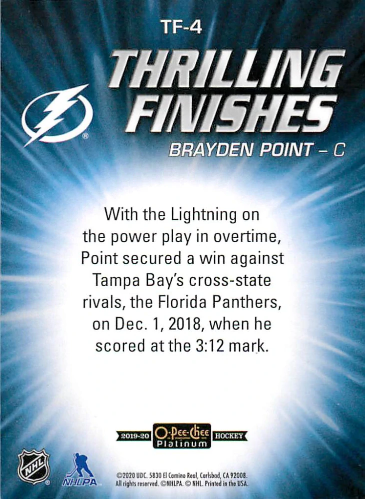 2019-20 UD O-Pee-Chee Platinum - Brayden Point - Thrilling Finishes #TF-4