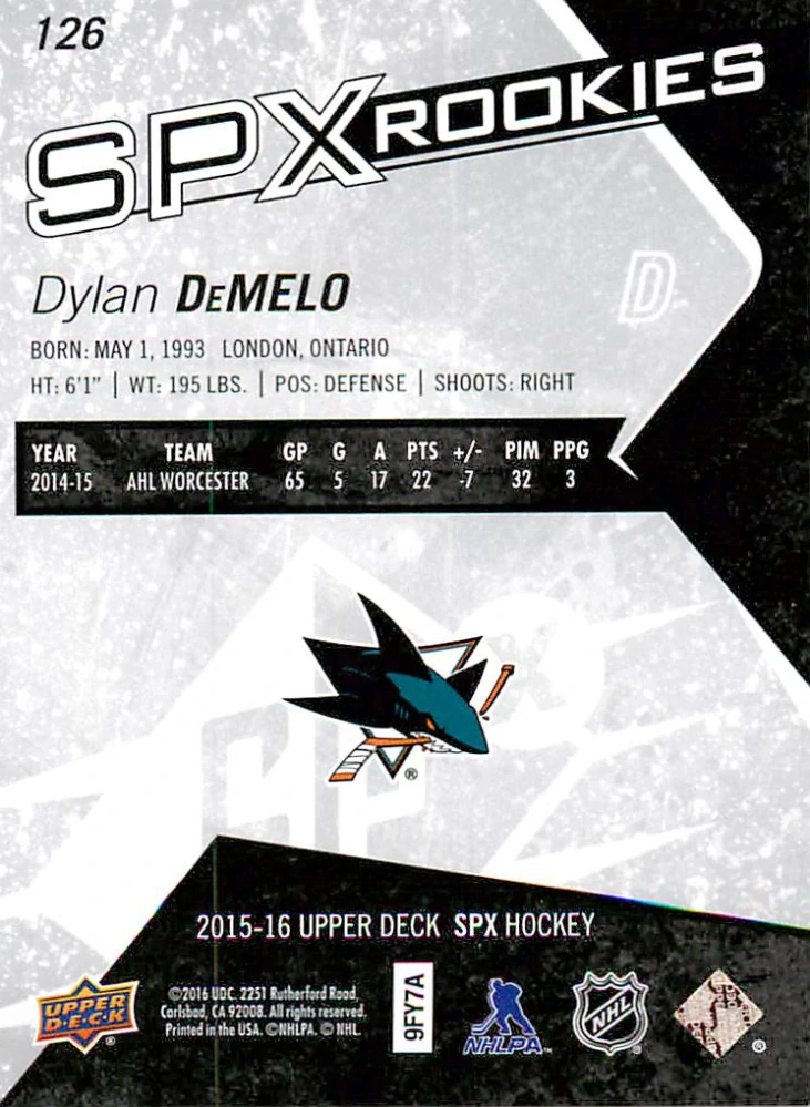 2015-16 UD SPX - Dylan DeMelo - SPX Rookies #126