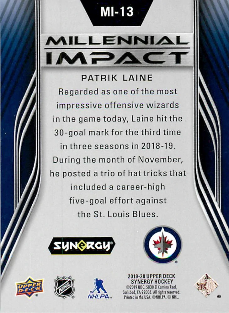2019-20 UD Synergy - Patrik Laine - Milennial Impact #MI-13