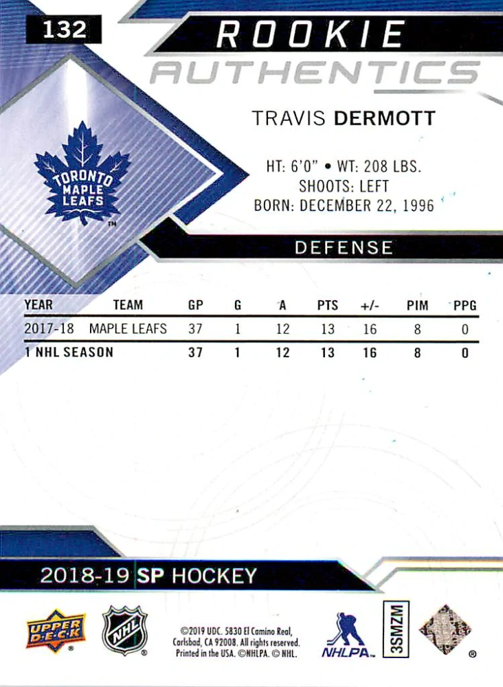 2018-19 UD SP - Travis Dermott - Rookie Authentics Blue #132