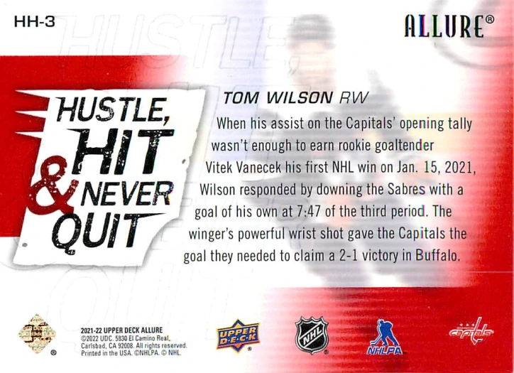 2021-22 UD Allure - Tom Wilson - Hustle, Hit & Never Quit #HH-3