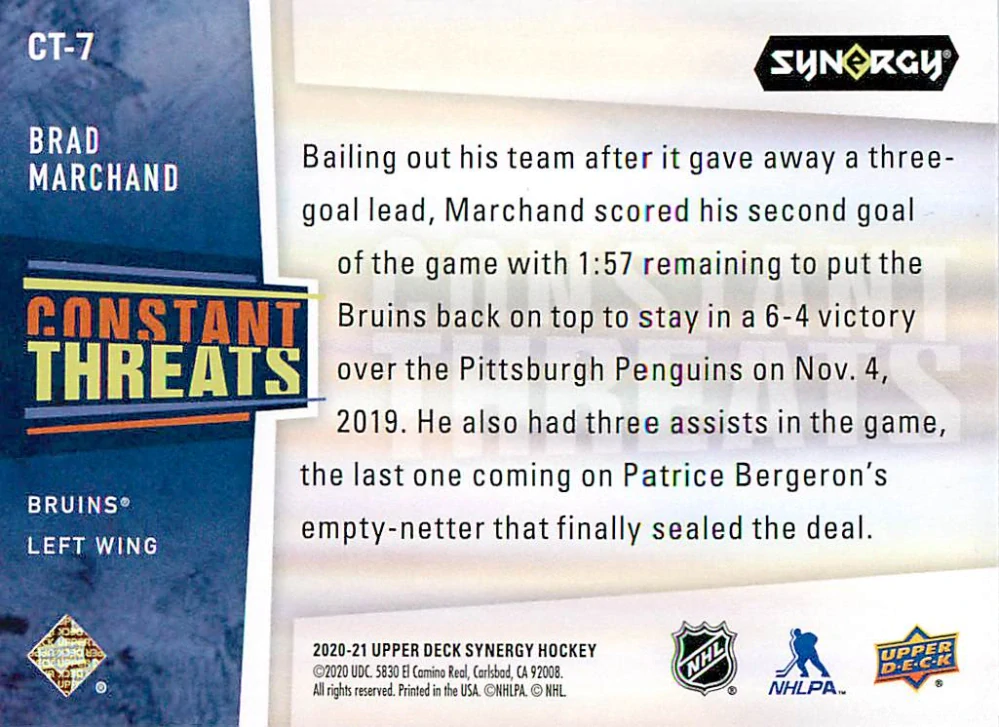 2020-21 UD Synergy - Brad Marchand - Constant Threats #CT-7