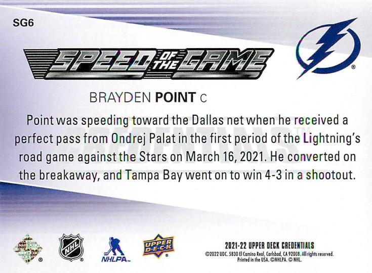 2021-22 UD Credentials - Brayden Point - Speed of the Game #SG6