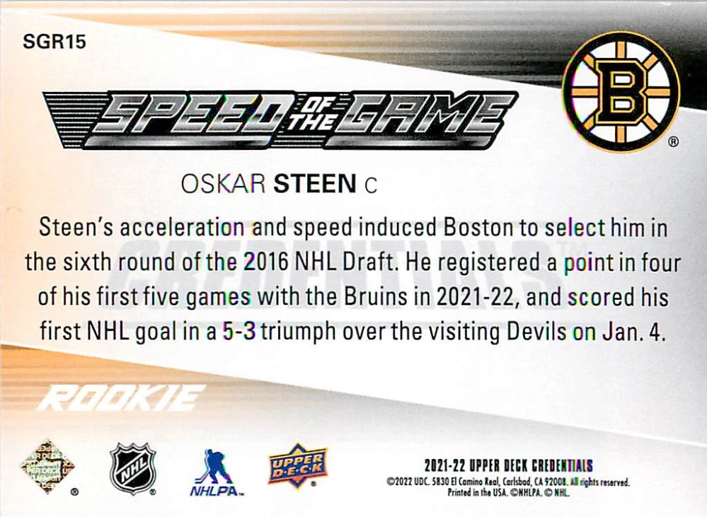 2021-22 UD Credentials - Oskar Steen - Speed of the Game Rookie #SGR15