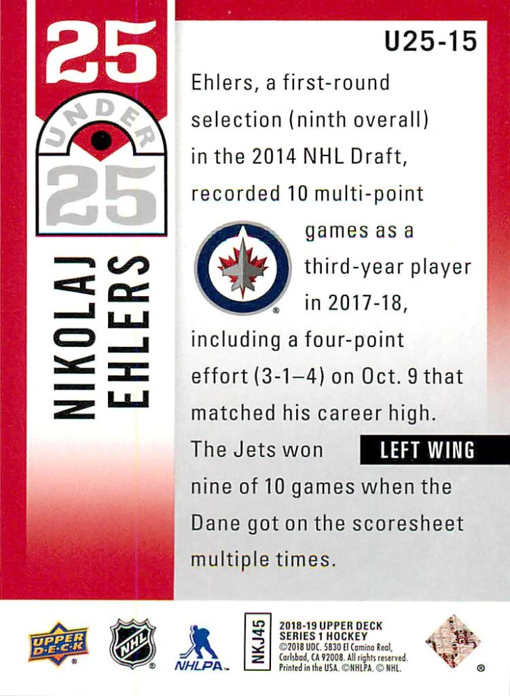 2018-19 UD Series 1 - Nikolaj Ehlers - 25 Under 25 #U25-15
