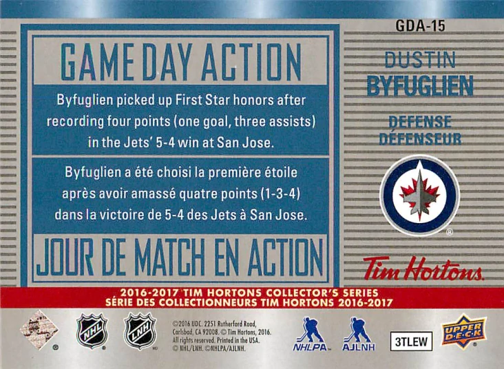 2016-17 UD Tim Hortons - Dustin Byfuglien - Game Day Action #GDA-15