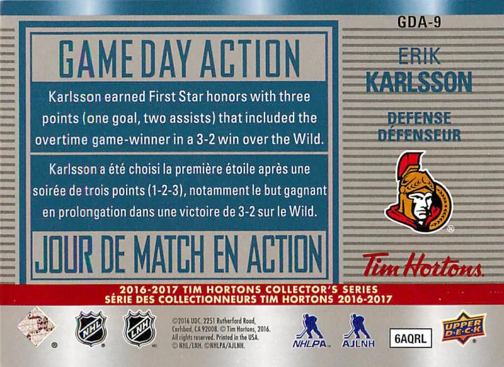 2016-17 UD Tim Hortons - Erik Karlsson - Game Day Action #GDA-9