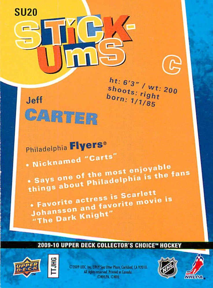 2009-10 UD Collector's Choice - Jeff Carter - Stick-Ums #SU20