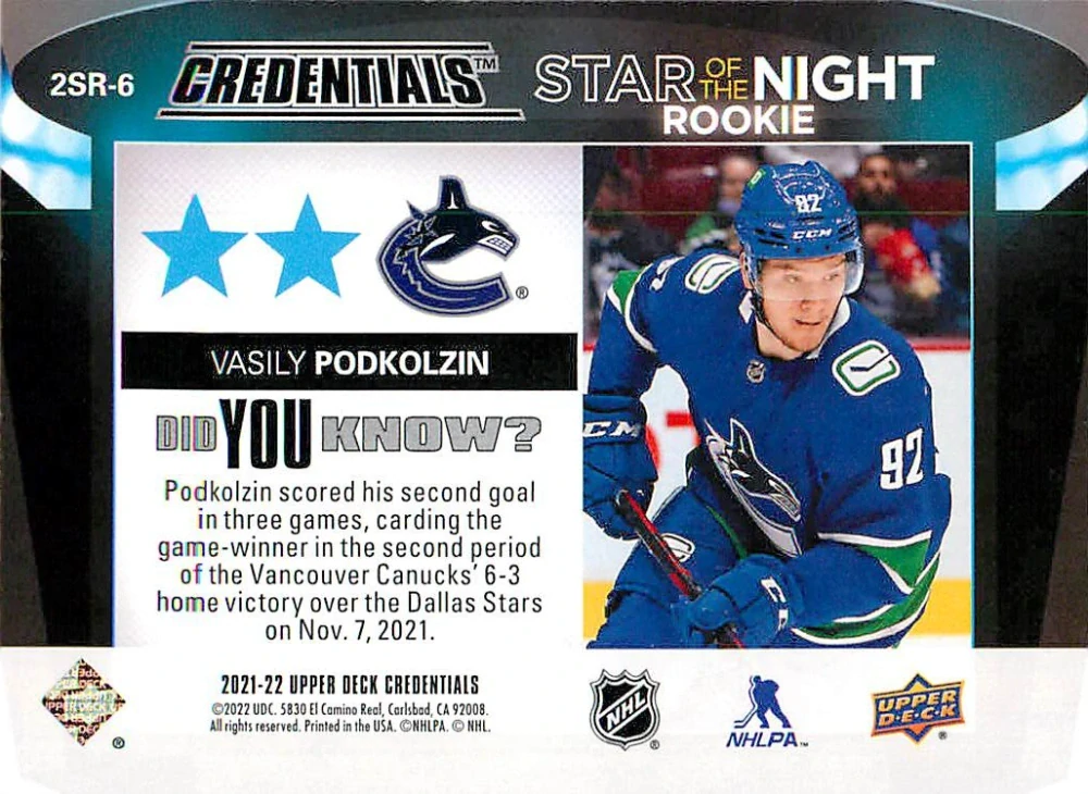 2021-22 UD Credentials - Vasily Podkolzin - Star Of The Night #2SR-6