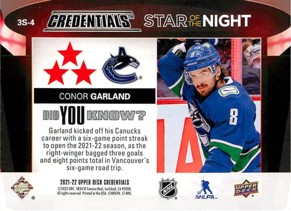 2021-22 UD Credentials - Conor Garland - Star Of The Night #3S-4