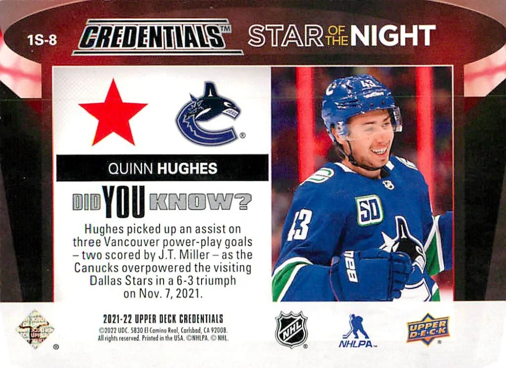2021-22 UD Credentials - Quinn Hughes - Star Of The Night #1S-8