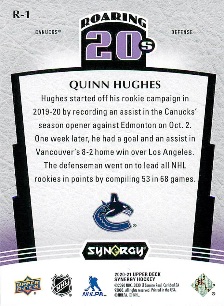 2020-21 UD Synergy - Quinn Hughes - Roaring 20s #R-1