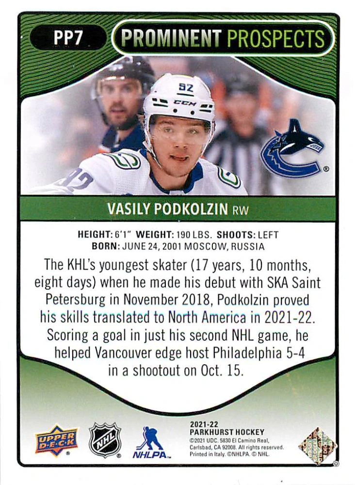 2021-22 UD Parkhurst - Vasily Podkolzin - Prominent Prospects #PP7