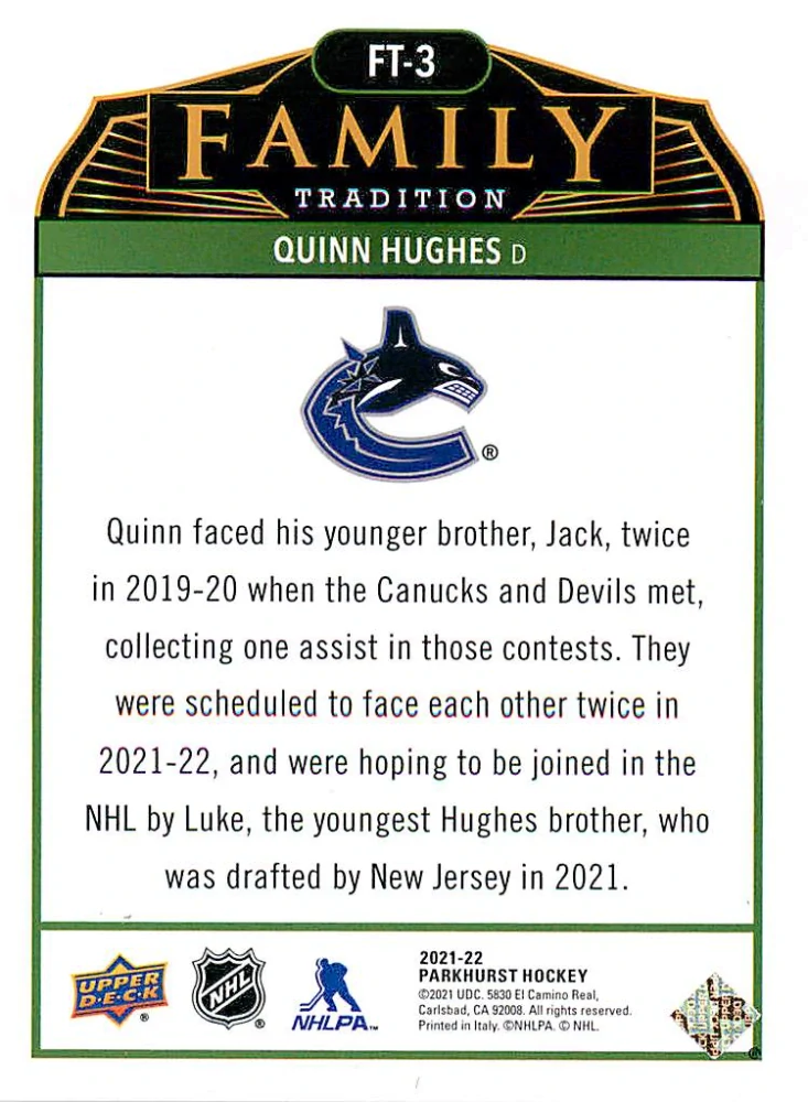 2021-22 UD Parkhurst - Quinn Hughes - Family Tradition #FT-3