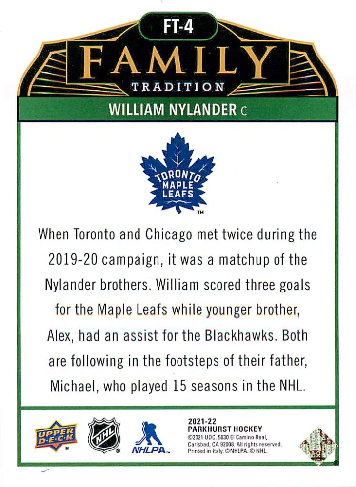 2021-22 UD Parkhurst - William Nylander - Family Tradition #FT-4