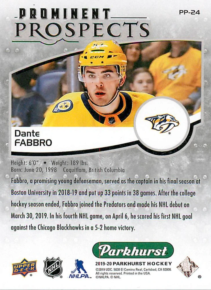 2019-20 UD Parkhurst - Dante Fabbro - Prominent Prospects #PP-24