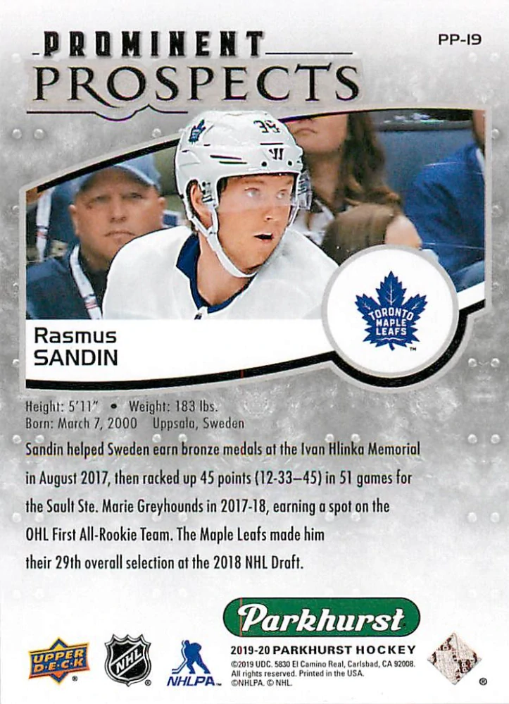 2019-20 UD Parkhurst - Rasmus Sandin - Prominent Prospects #PP-19