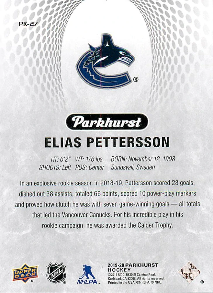 2019-20 UD Parkhurst - Elias Pettersson - Parkies #PK-27