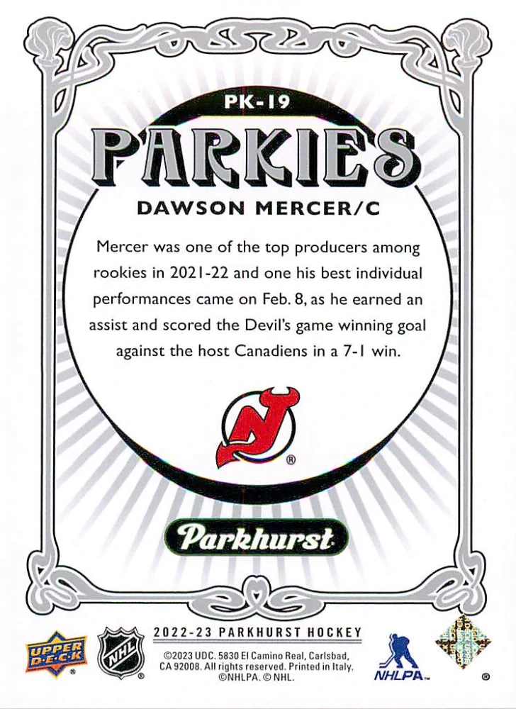 2022-23 UD Parkhurst - Dawson Mercer - Parkies #PK-19