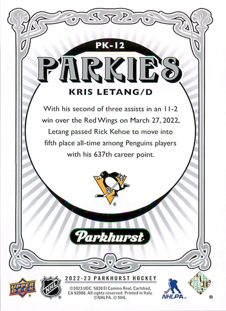 2022-23 UD Parkhurst - Kris Letang - Parkies #PK-12