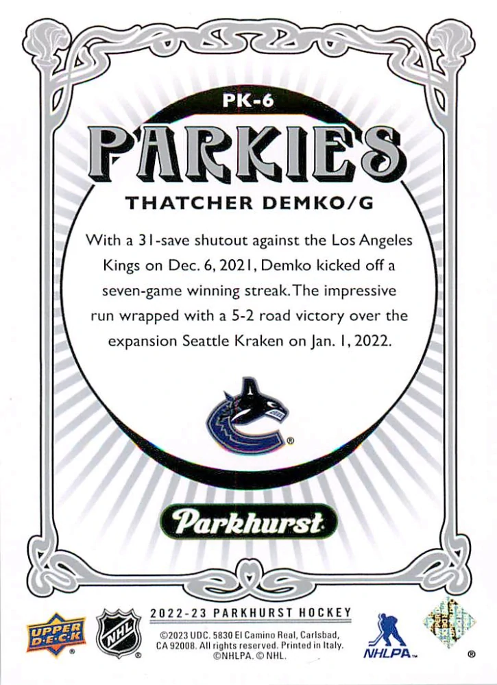 2022-23 UD Parkhurst - Thatcher Demko - Parkies #PK-6