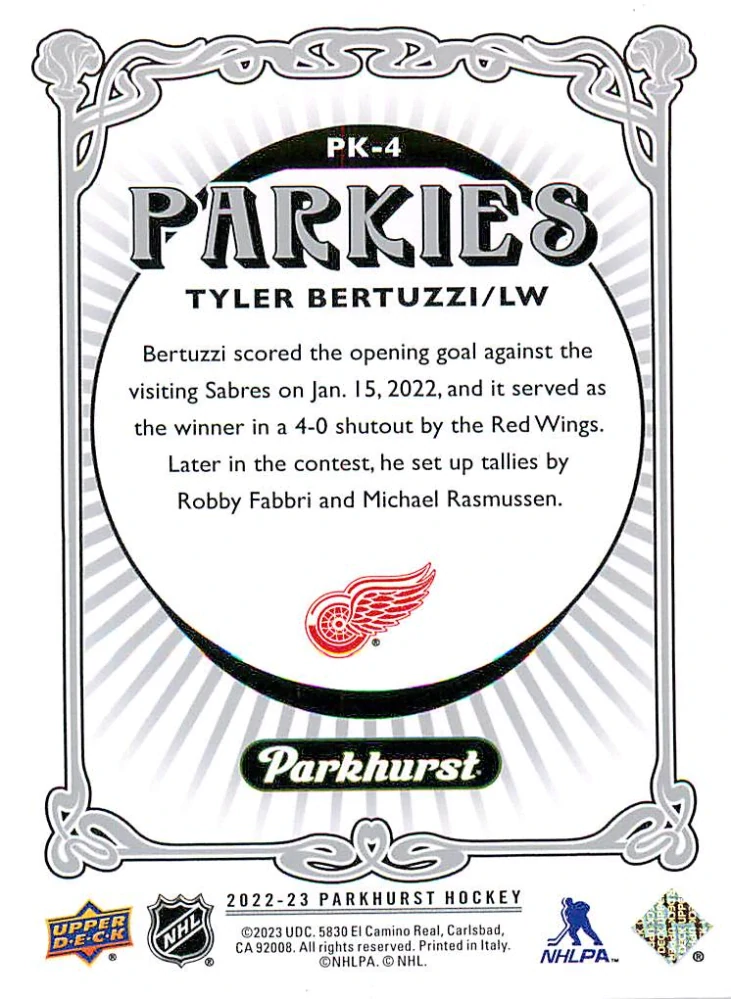2022-23 UD Parkhurst - Tyler Bertuzzi - Parkies Red #PK-4