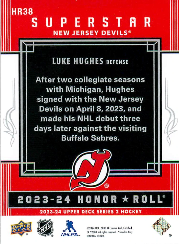 2023-24 UD Series 2 - Luke Hughes - Superstar Honor Roll #HR38