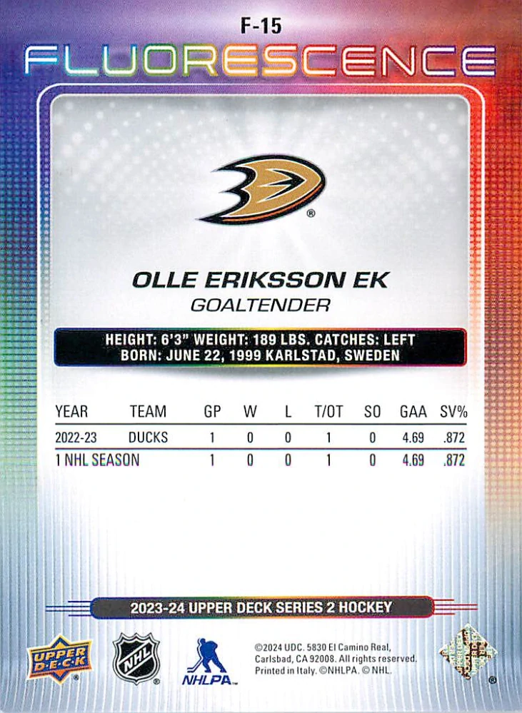 2023-24 UD Series 2 - Olle Eriksson Ek - Fluorescence Red #F-15