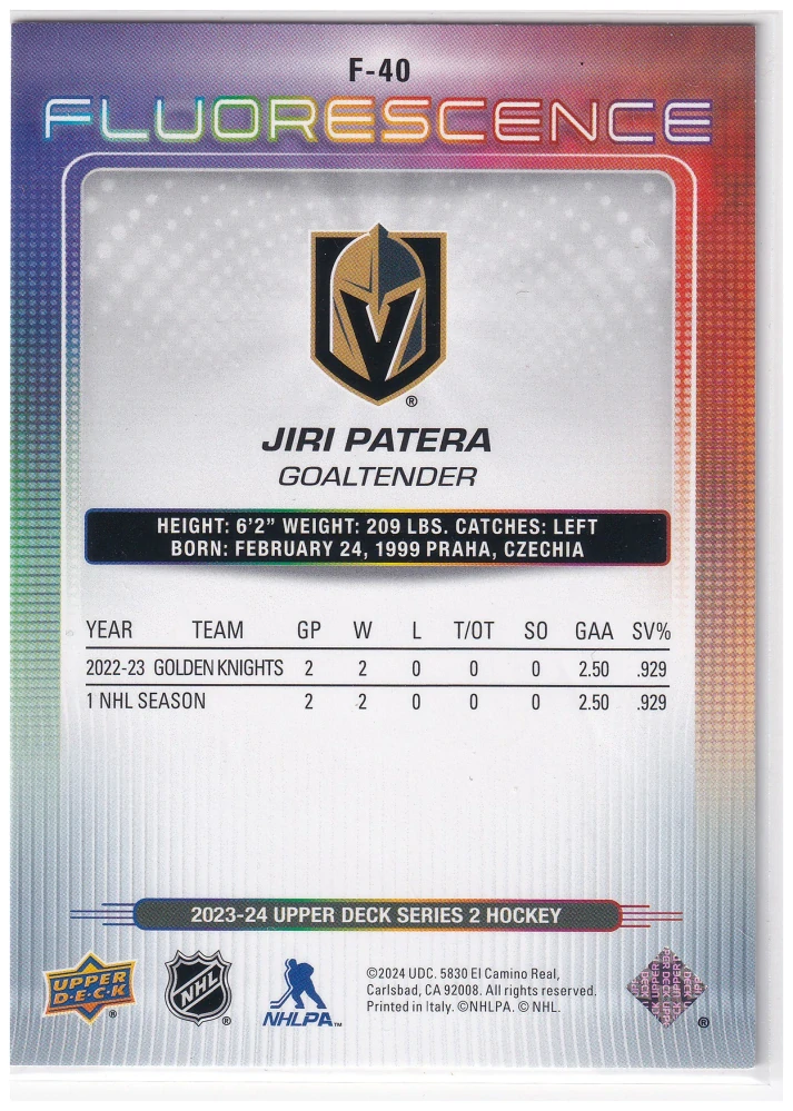 2023-24 UD Series 2 - Jiří Patera - Fluorescence Red #F-40