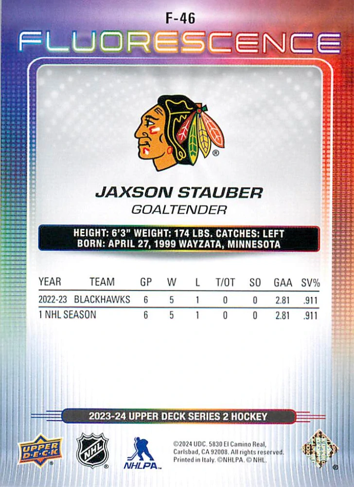 2023-24 UD Series 2 - Jaxson Stauber - Fluorescence Red #F-46