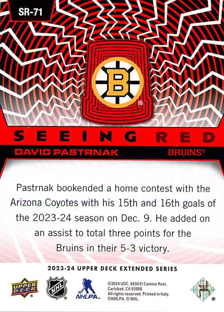 2023-24 UD Extended Series - David Pastrňák - Seeing Red #SR-71